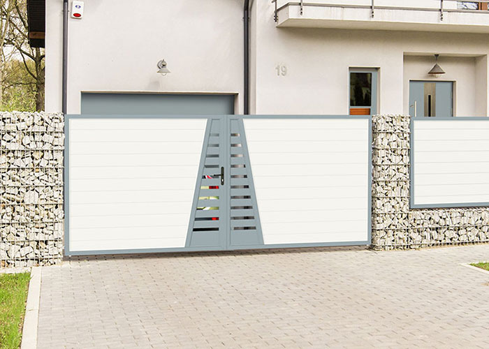Design Sichtschutztor in weiß und grau aus hochwertigen Kunststoff