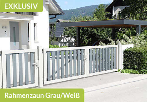 Rahmenzaun mit Tor aus Qualitäts-Kunststoff in Weiß/Grau