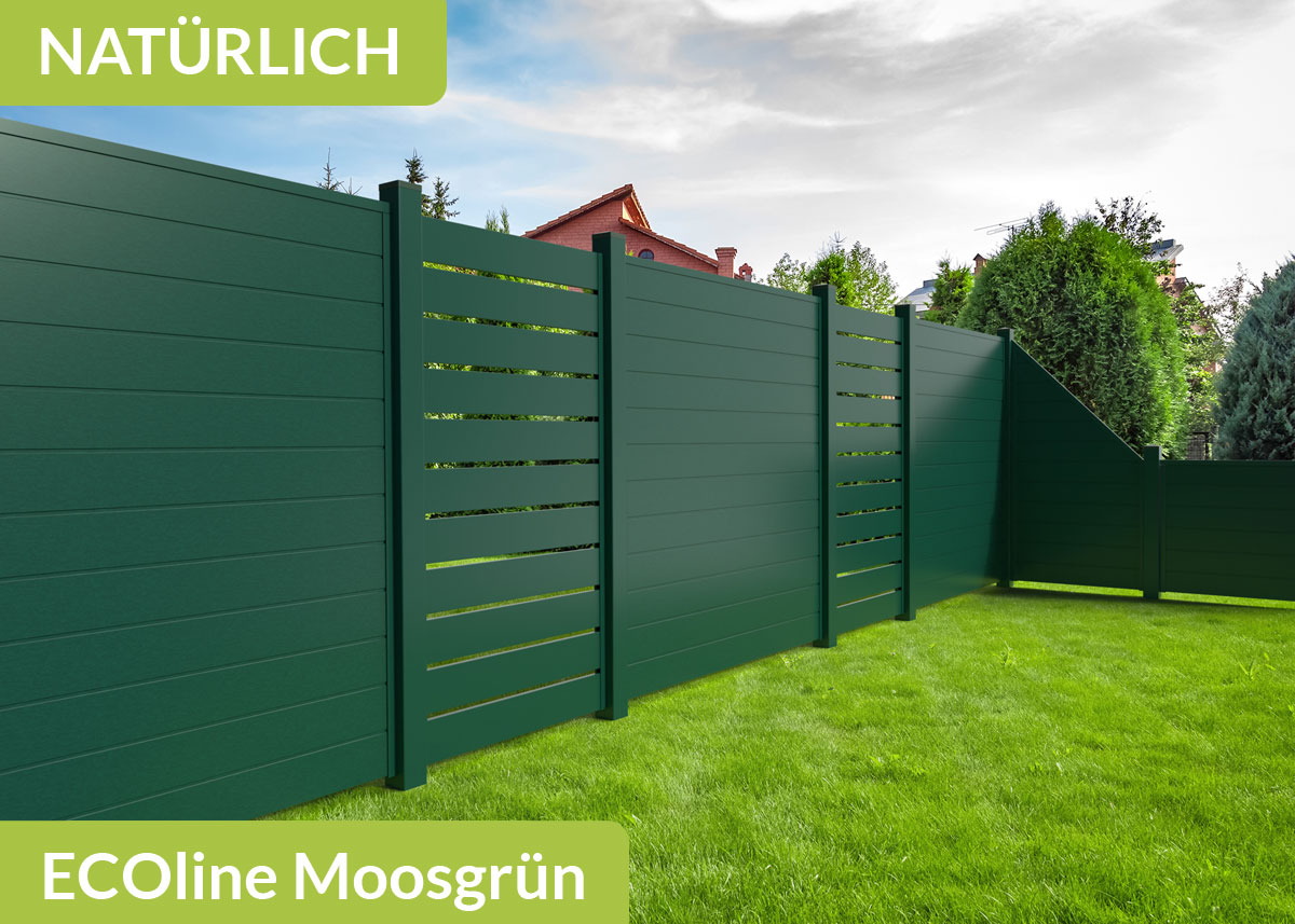 Sichtschutzzaun der Baureihe Ecoline mit Spaltsichtschutz in Moosgrün aus Kunststoff