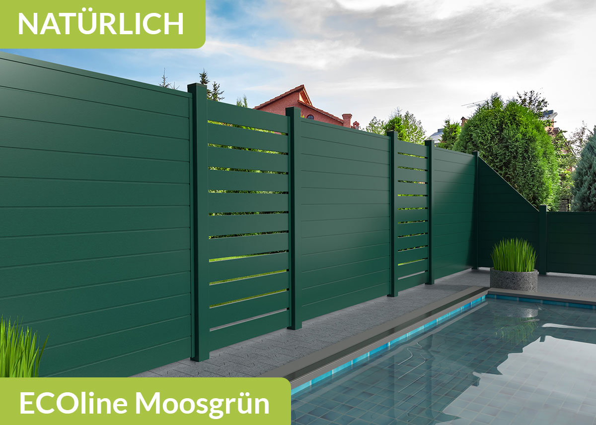 Sichtschutzzaun der Baureihe Ecoline mit Spaltsichtschutz in Moosgrün aus Kunststoff
