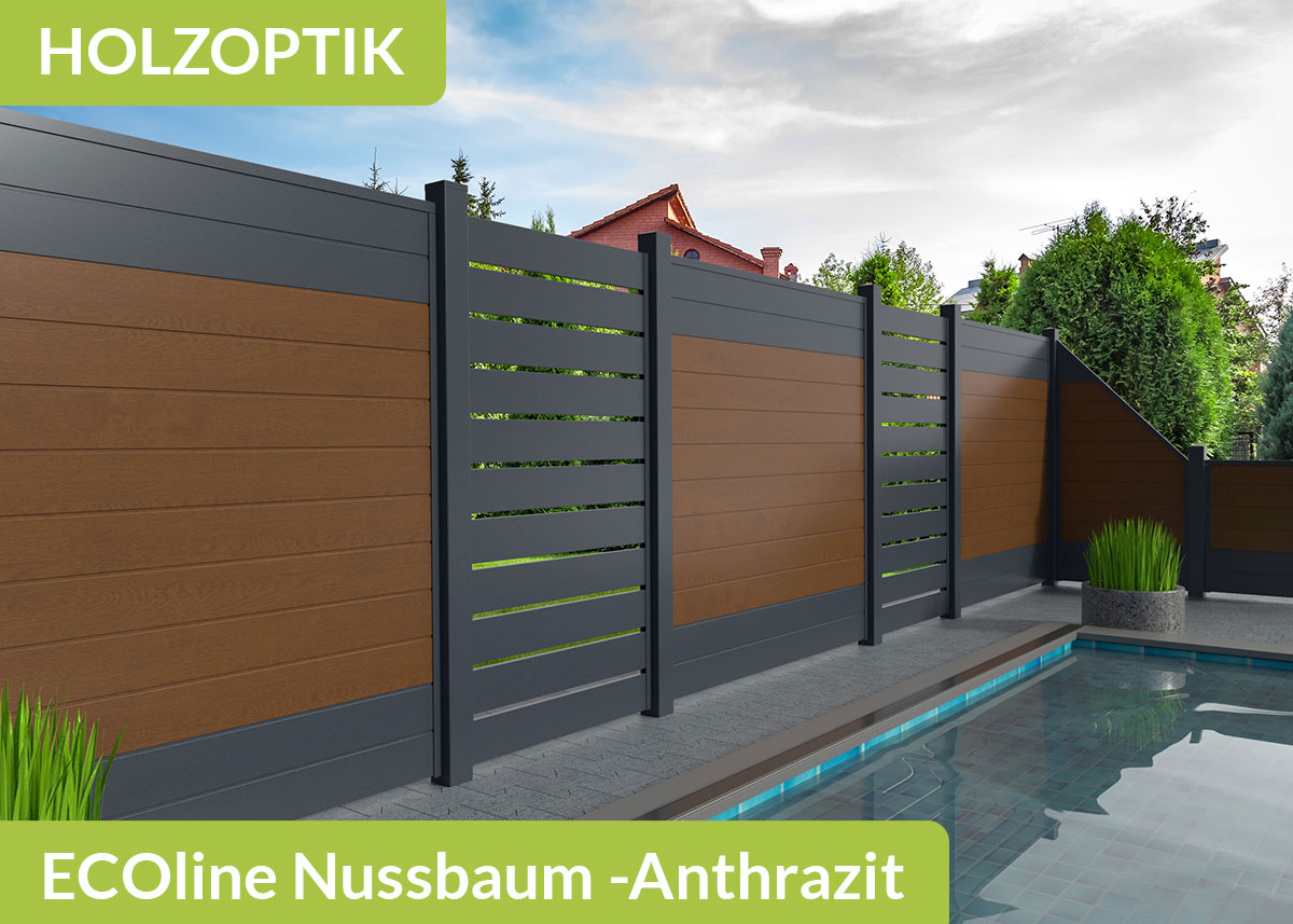 Sichtschutzzaun der Baureihe Ecoline mit Spaltsichtschutz in der Farbkombination Holzoptik Nussbaum mit Anthrazit aus Kunststoff