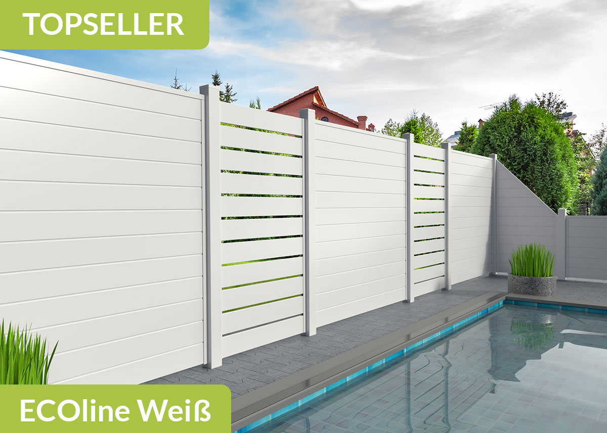 Sichtschutzzaun der Baureihe ECOline mit Spaltsichtschutz in Weiß aus Kunststoff