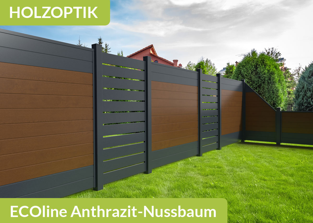 Sichtschutzzaun der Baureihe Ecoline mit Spaltsichtschutz in der Farbkombination Holzoptik Nussbaum mit Anthrazit aus Kunststoff
