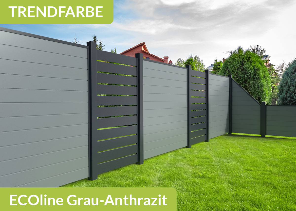 Sichtschutzzaun der Baureihe Ecoline mit Spaltsichtschutz in der Farbkombination Grau und Anthrazit aus Kunststoff