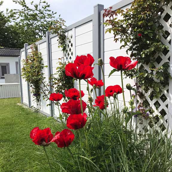 SICHTAFLEX GERADE - Weiß/Grau mit vertikalen mittigen Rankgitter im Element Sichtschutzzaun aus Kunststoff PVC in weiß und Grau mit vertikalen Rankgitter im Garten