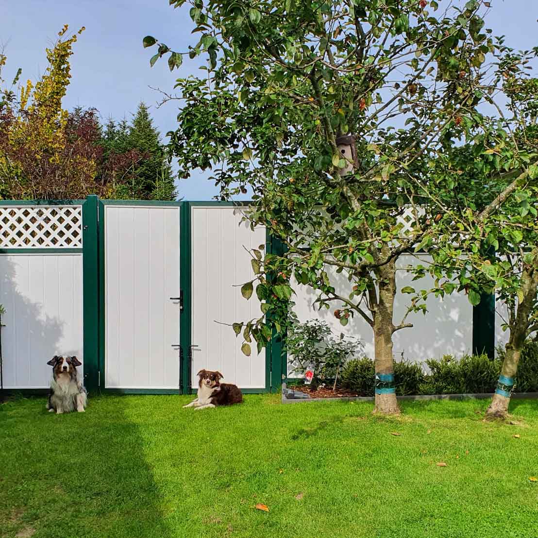 Doppeltür - Sichtschutztür und Zaun in Weiß/Moosgrün Sichtschutzzaun mit Doppeltür aus Kunststoff PVC in weiß und Moosgrün im Garten
